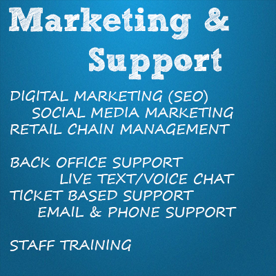 Support, DIGITAL MARKETING (SEO), SOCIAL MEDIA MARKETING, RETAIL CHAIN MANAGEMENT, BACK OFFICE SUPPORT, LIVE TEXT/VOICE CHAT, TICKET BASED SUPPORT, EMAIL & PHONE SUPPORT, STAFF TRAINING